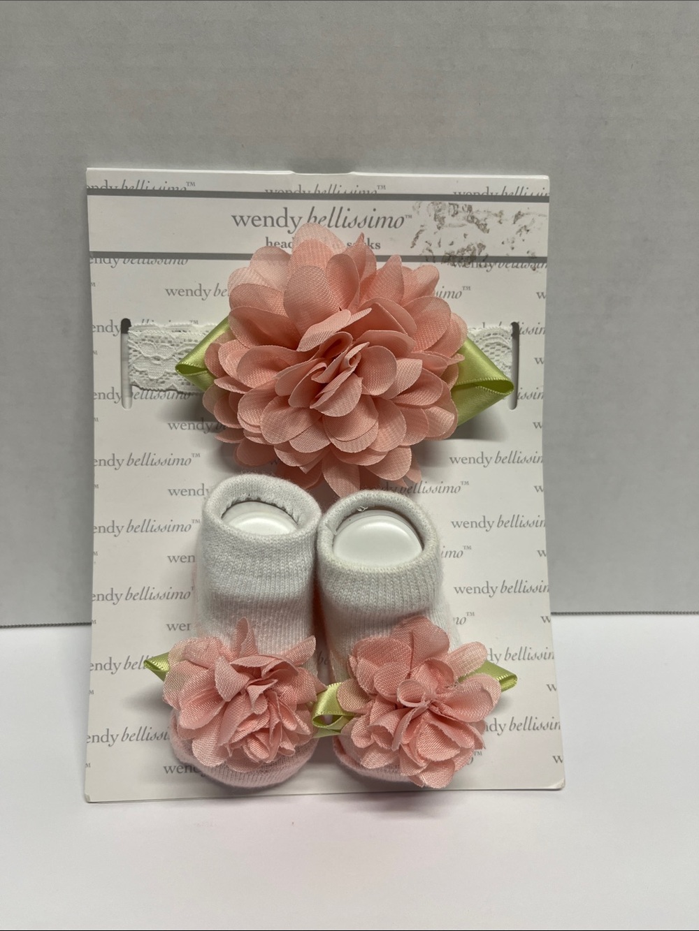 Wendy Bellissimo Peach Pink Flower Headband and Sock Set